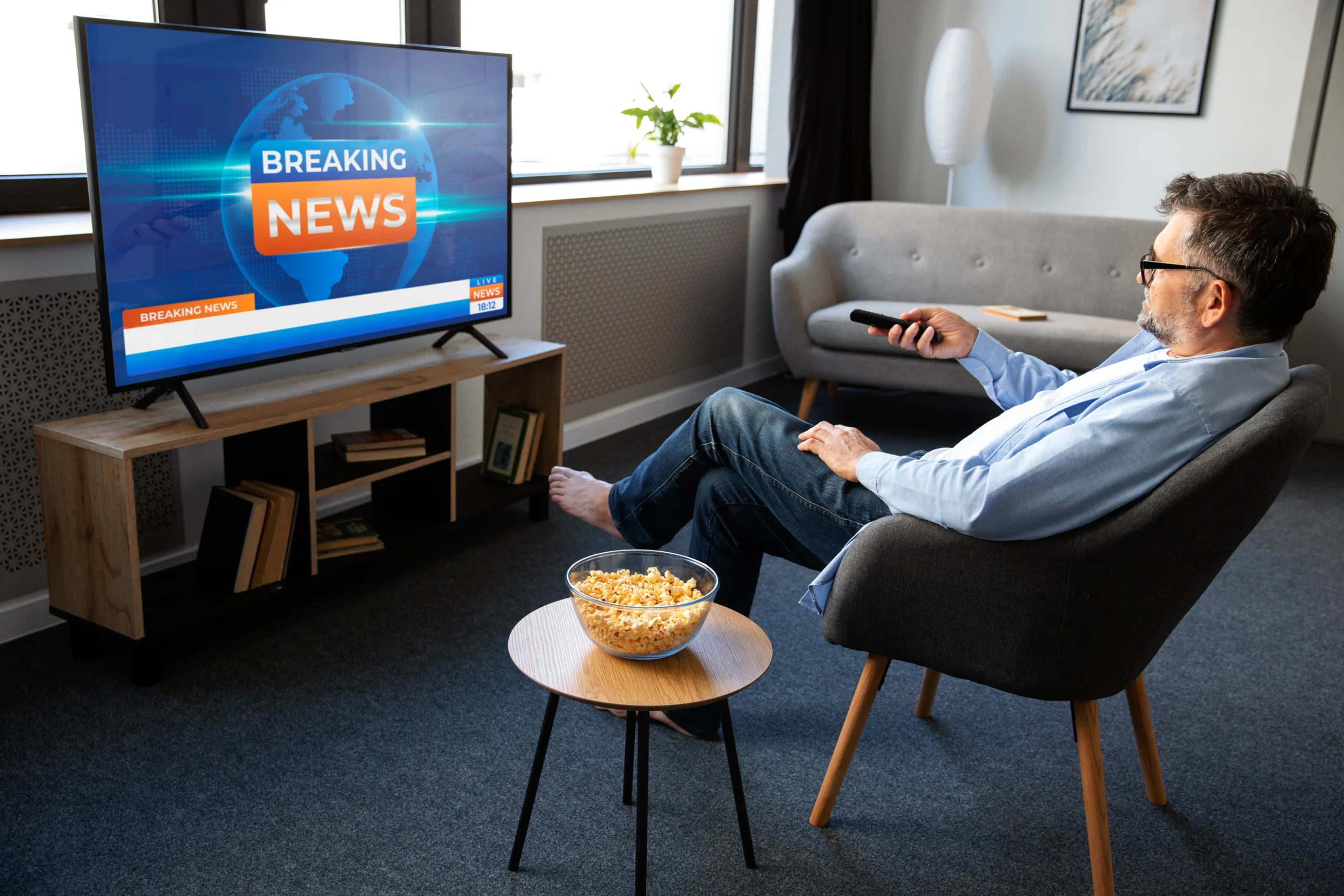 LUX IPTV A man watching live news on TV using an IPTV service explains what IPTV is.